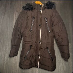 How Dare U Brown Puffer Coat Faux Fur Hood Large